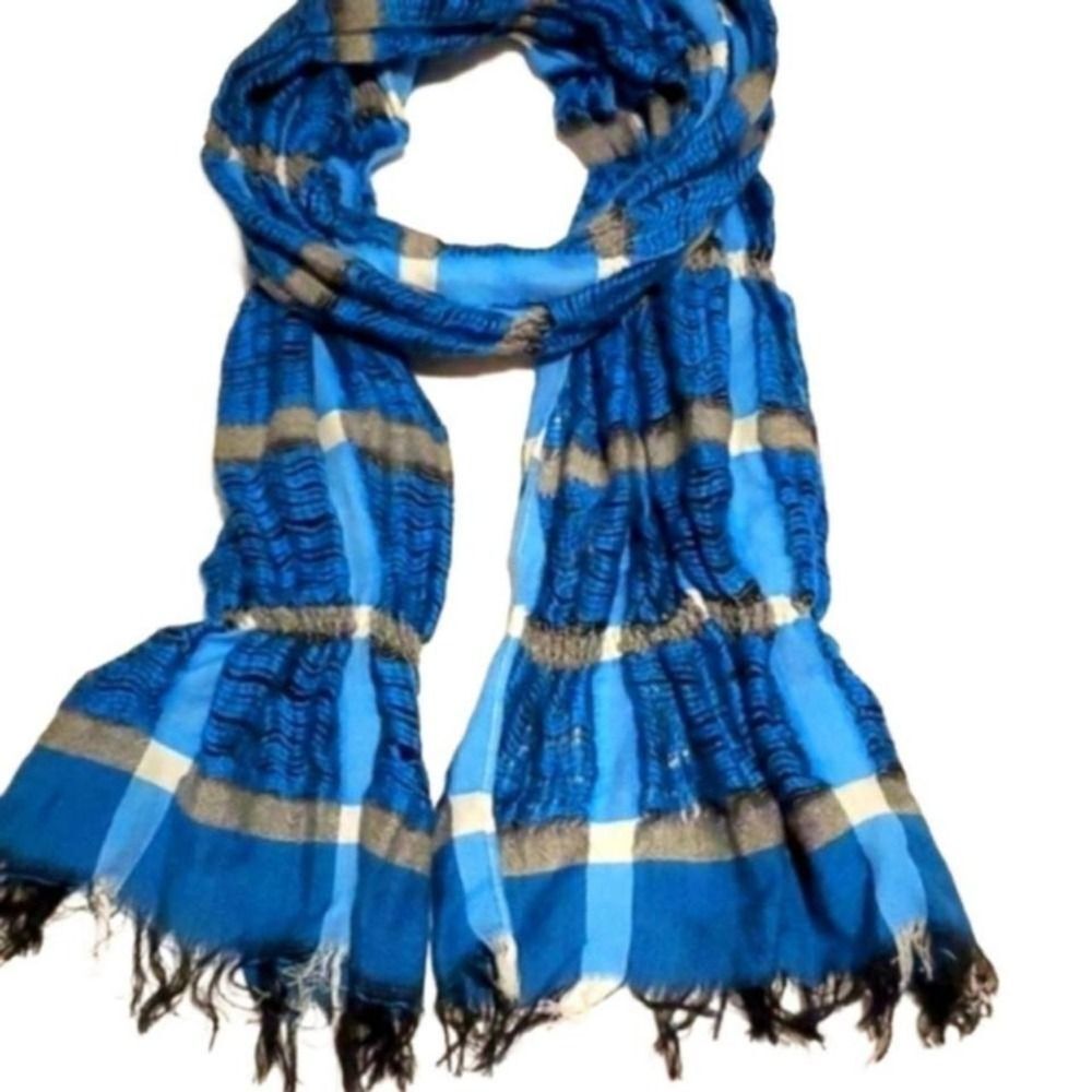 Blue Plaid Scarf Lightweight Fashion Scarf with Tassels